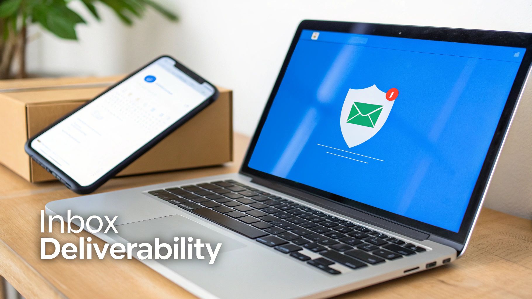 Laptop displaying an email security shield with a notification, alongside a smartphone, emphasizing inbox deliverability.