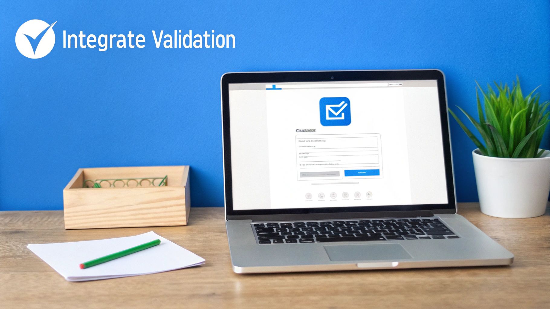 Laptop displaying a digital validation form with a checkmark icon on a wooden desk with office supplies.