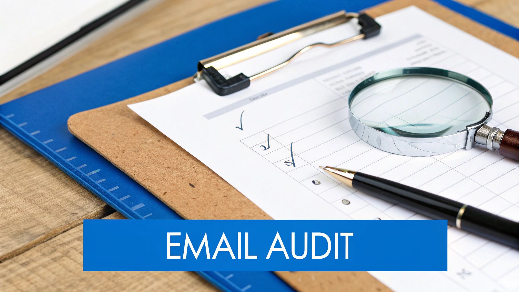 Close-up of a checklist on a clipboard with a magnifying glass and pen, with 'EMAIL AUDIT' text overlay.