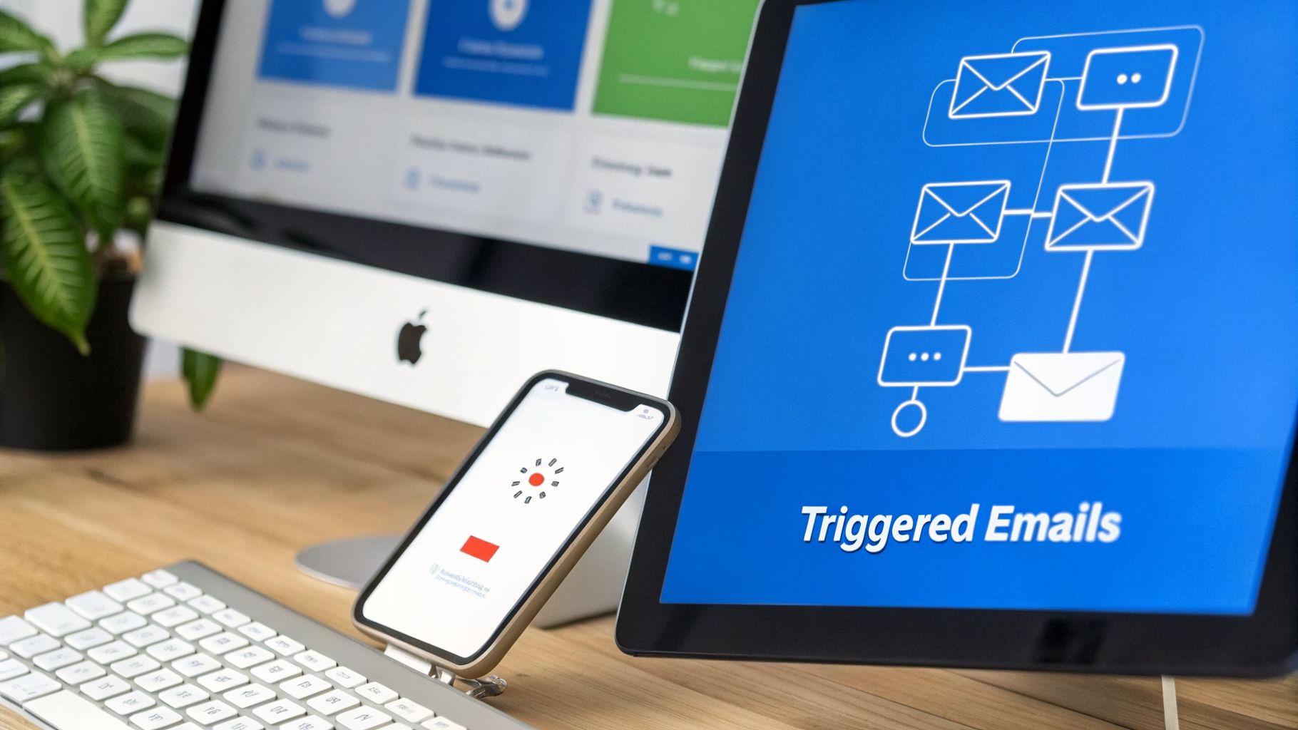 Modern desk setup featuring an iMac, iPhone, and a screen showing a 'Triggered Emails' flow.