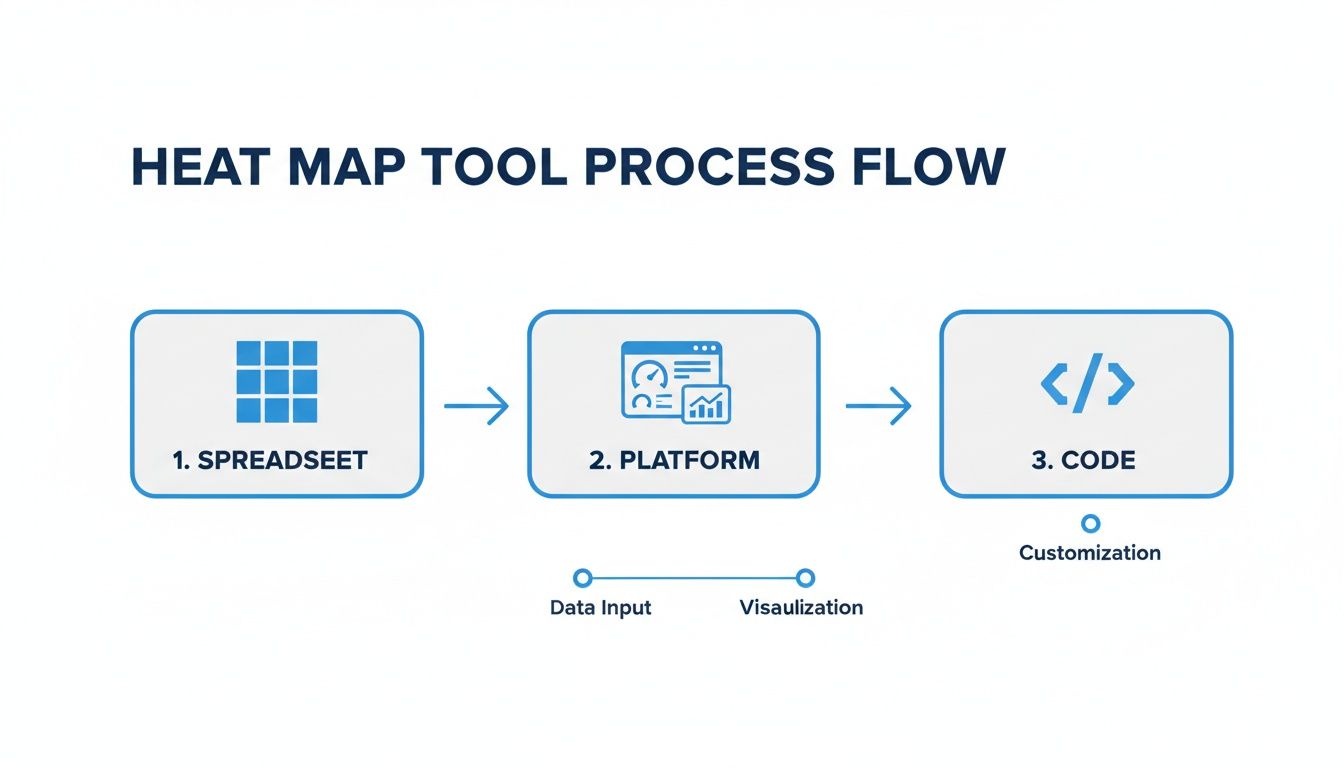 A process flow diagram illustrating the steps to create a heat map: Spreadsheet, Platform for Data Input and Visualization, and Code for Customization.