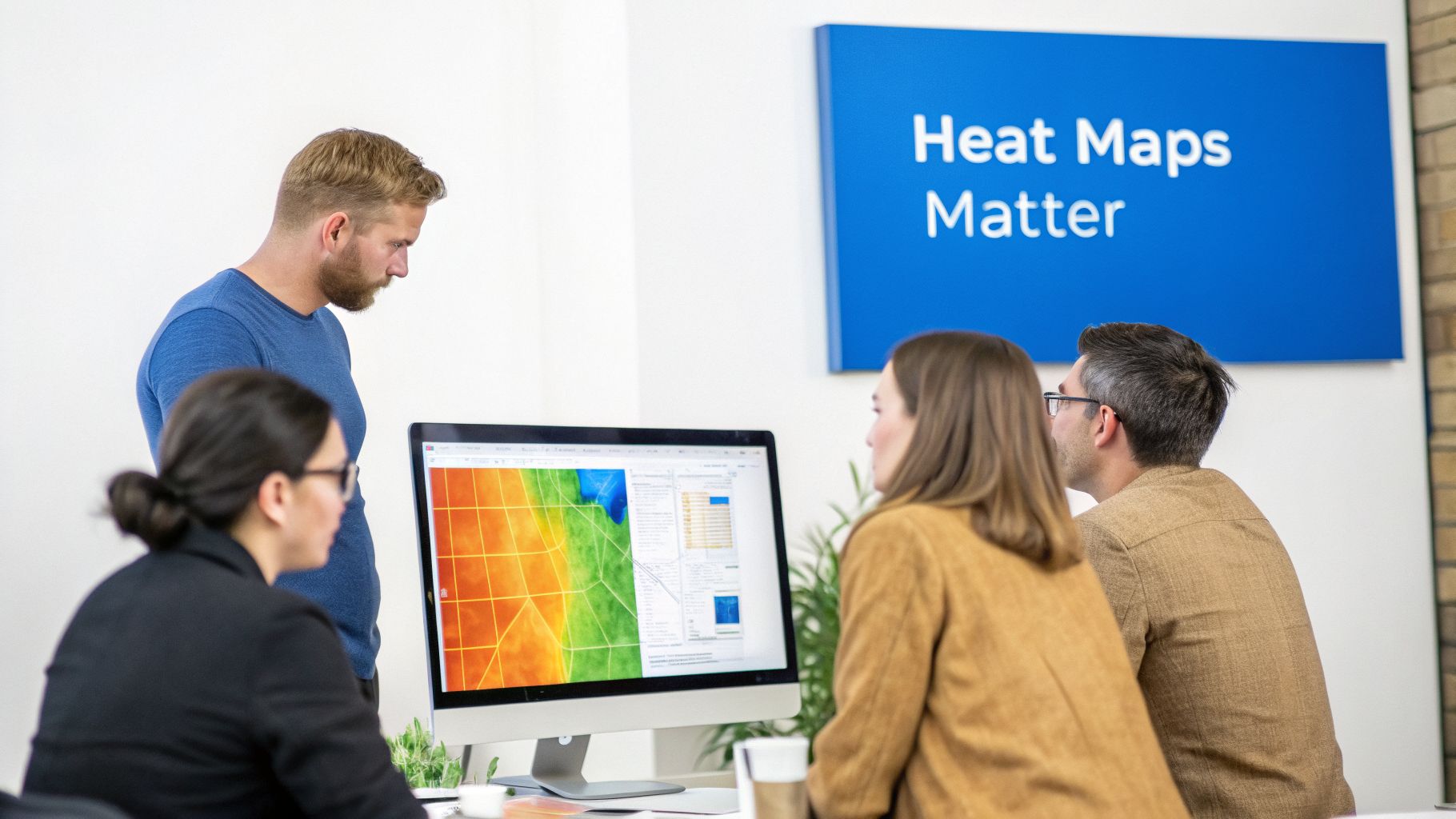 Team of four colleagues analyzing a colorful heat map on a desktop computer in an office.
