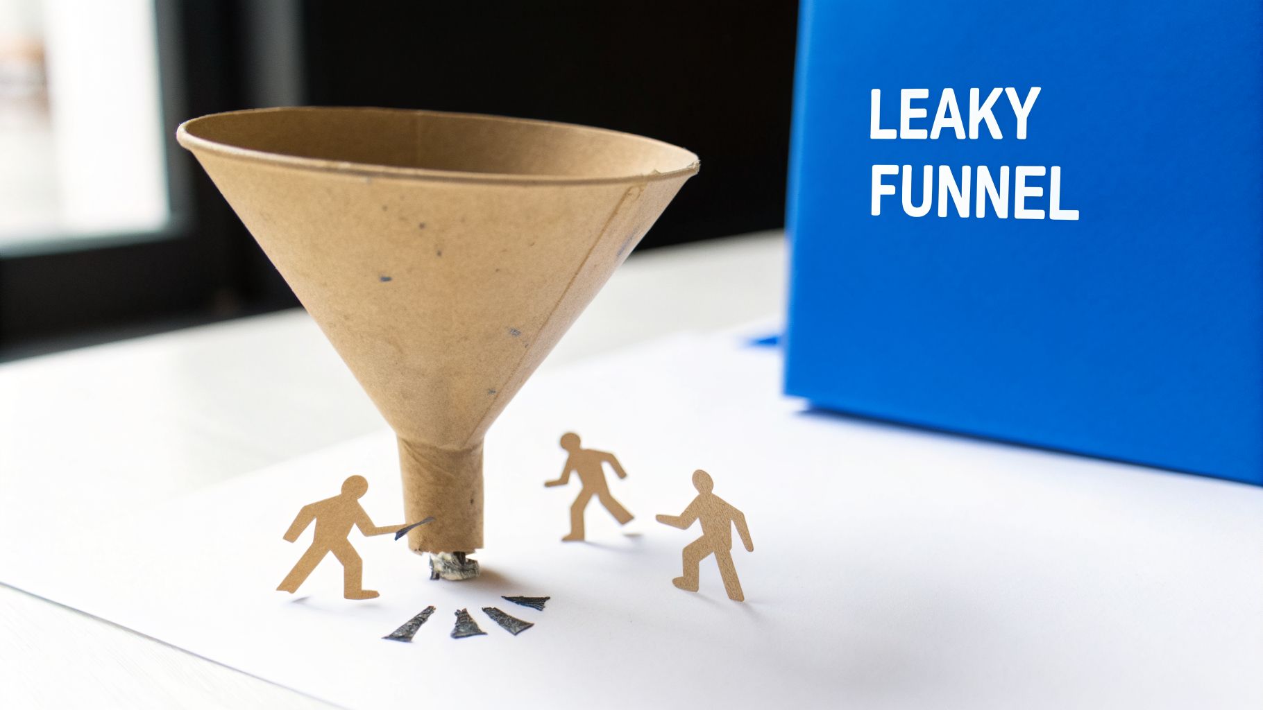 A brown paper funnel on a white surface, with paper cutouts of people surrounding dark 'leaked' pieces. A blue sign in the background reads 'LEAKY FUNNEL'.