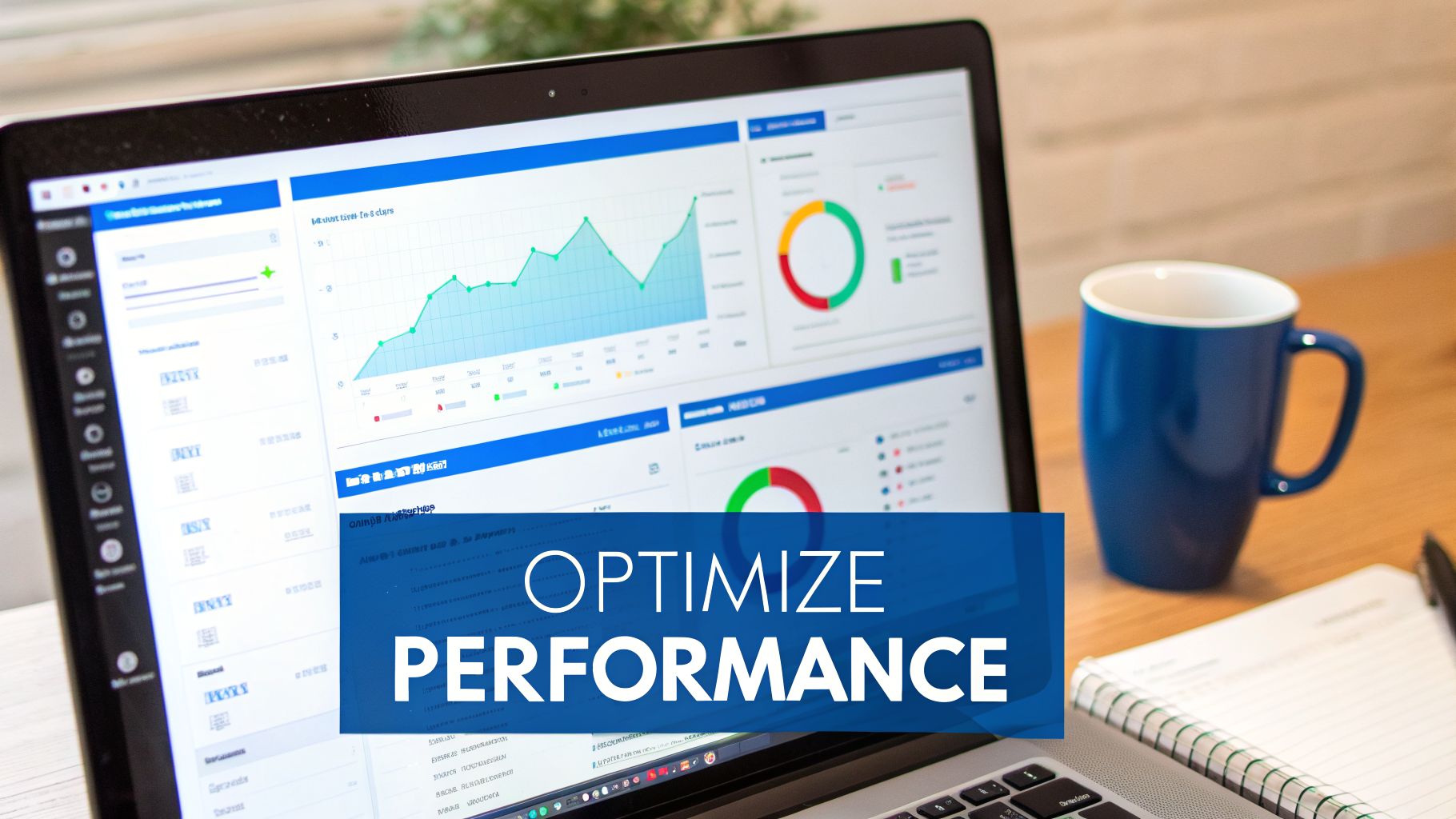 A laptop displaying various business performance graphs and charts with an overlay reading 'OPTIMIZE PERFORMANCE', next to a blue mug and notebook.