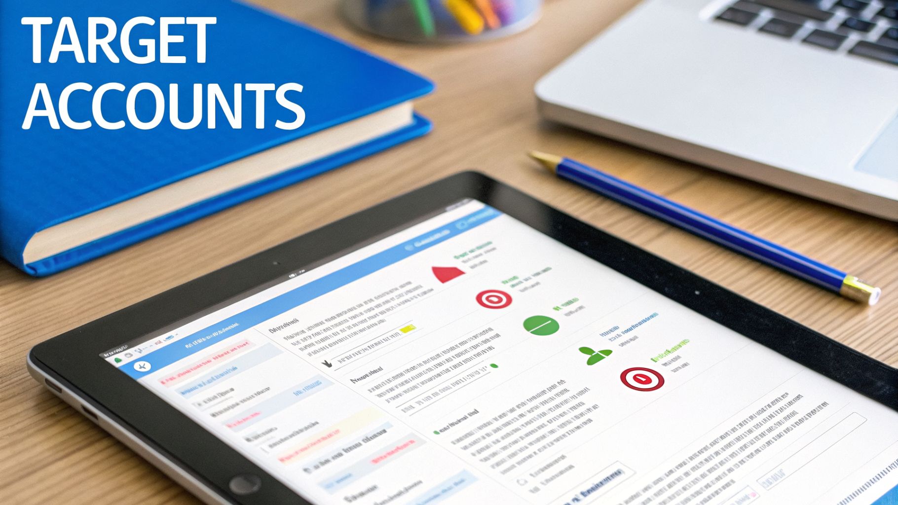 A blue book titled 'TARGET ACCOUNTS' on a wooden desk with a tablet displaying a business dashboard.