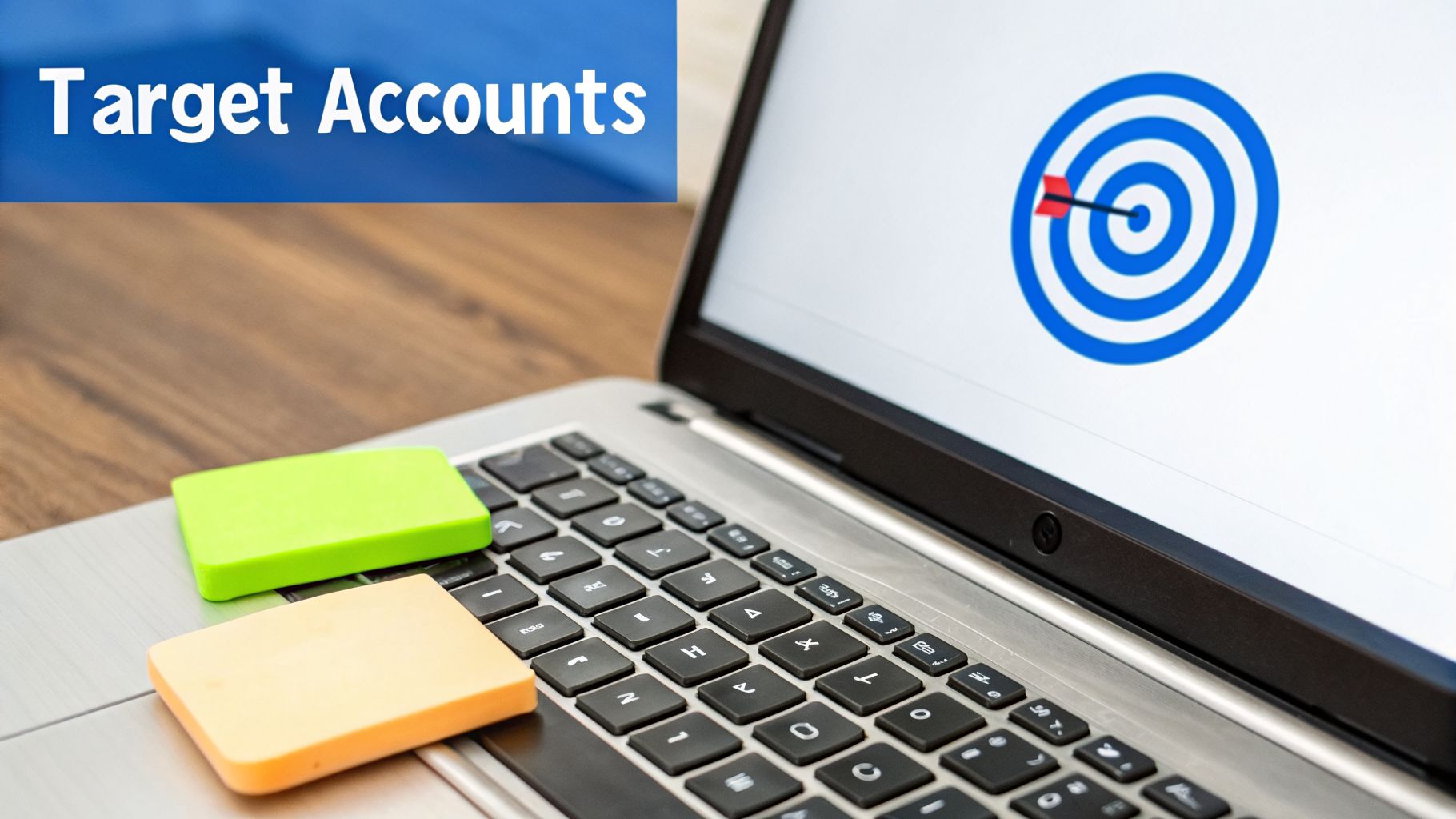 A laptop displaying 'Target Accounts' text, a target icon, and sticky notes on the keyboard.