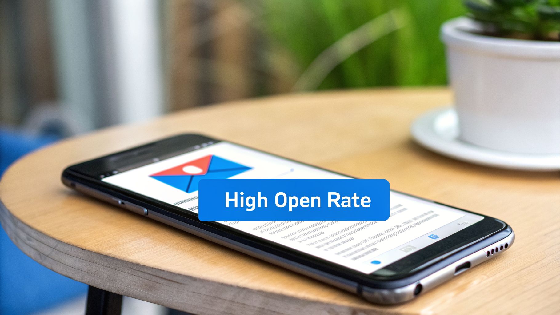 Smartphone on a wooden table showing an email icon and 'High Open Rate' text, representing successful email marketing.