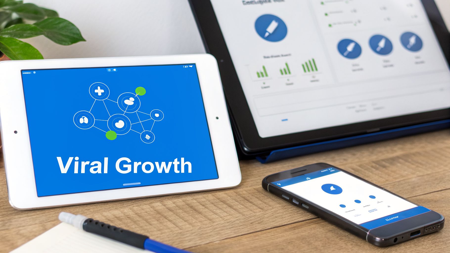 Tablets and a smartphone displaying 'Viral Growth' and performance analytics on a wooden desk.