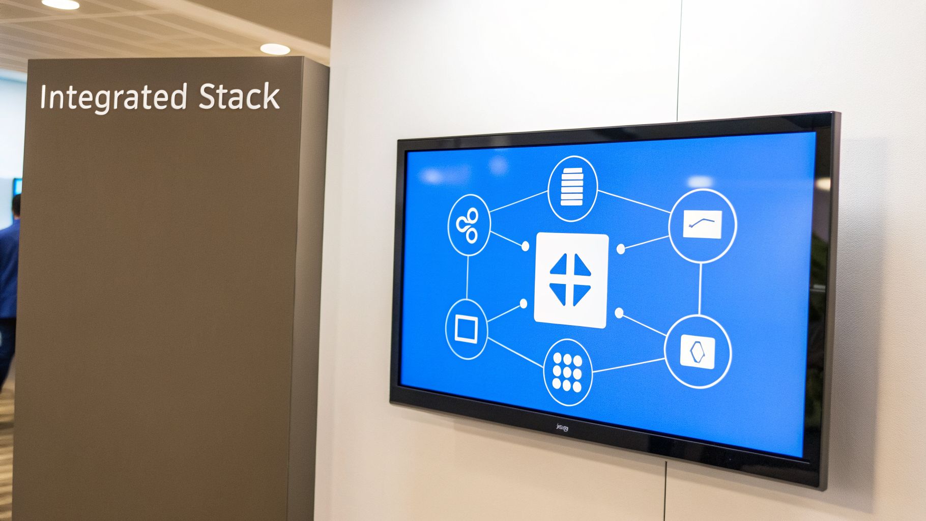 A TV screen displays an integrated system diagram, next to a sign labeled 'Integrated Stack'.