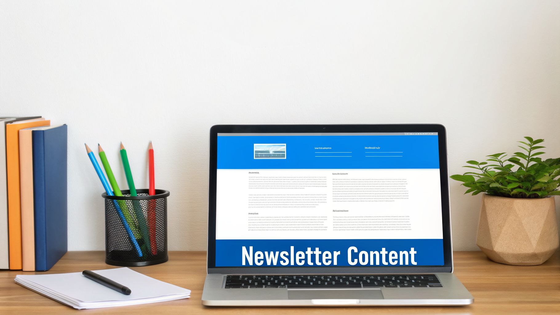 A laptop displaying 'Newsletter Content' on a wooden desk with books, pencils, paper, and a plant.