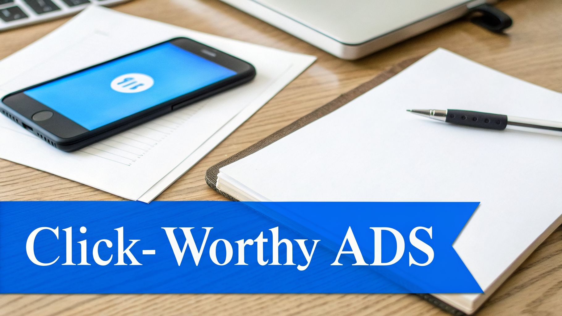 A desk with a smartphone displaying an app, papers, a notebook, a pen, and a 'Click-Worthy ADS' banner.