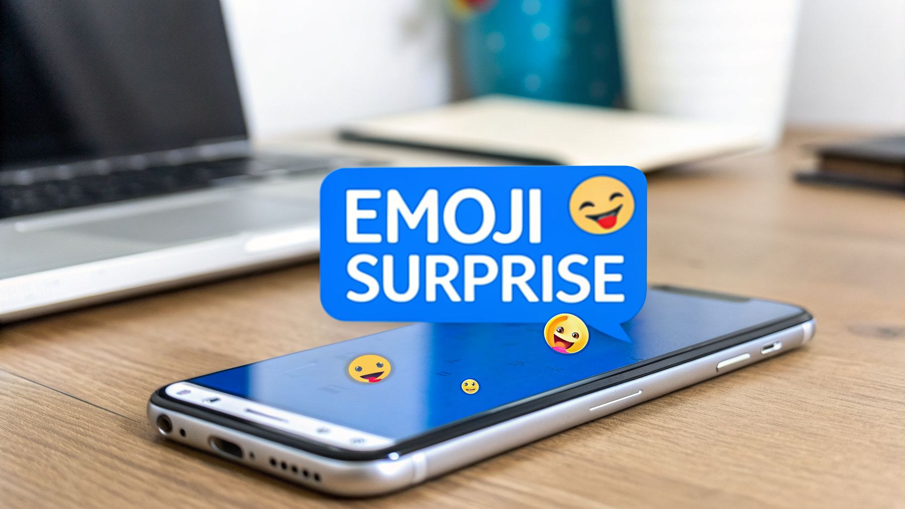 A smartphone on a wooden desk displays a blue speech bubble saying 'EMOJI SURPRISE' with laughing emojis.