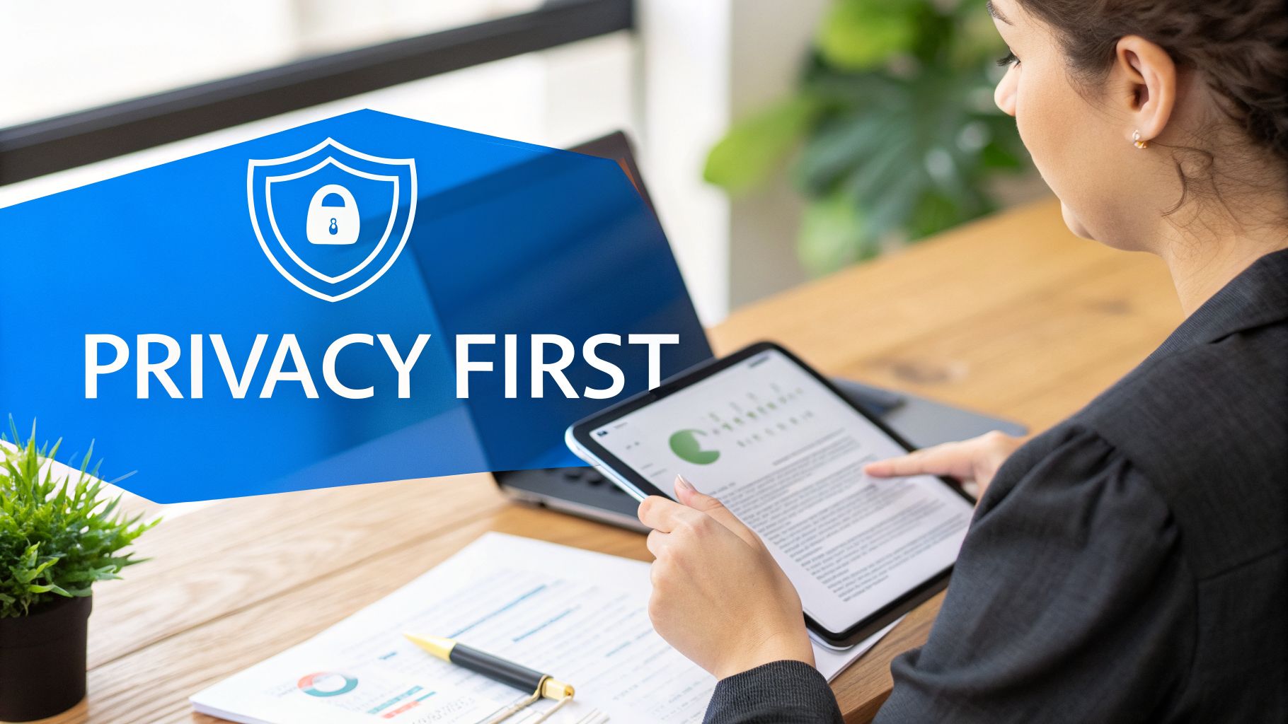Woman using a tablet with a 'PRIVACY FIRST' privacy and security message overlay.