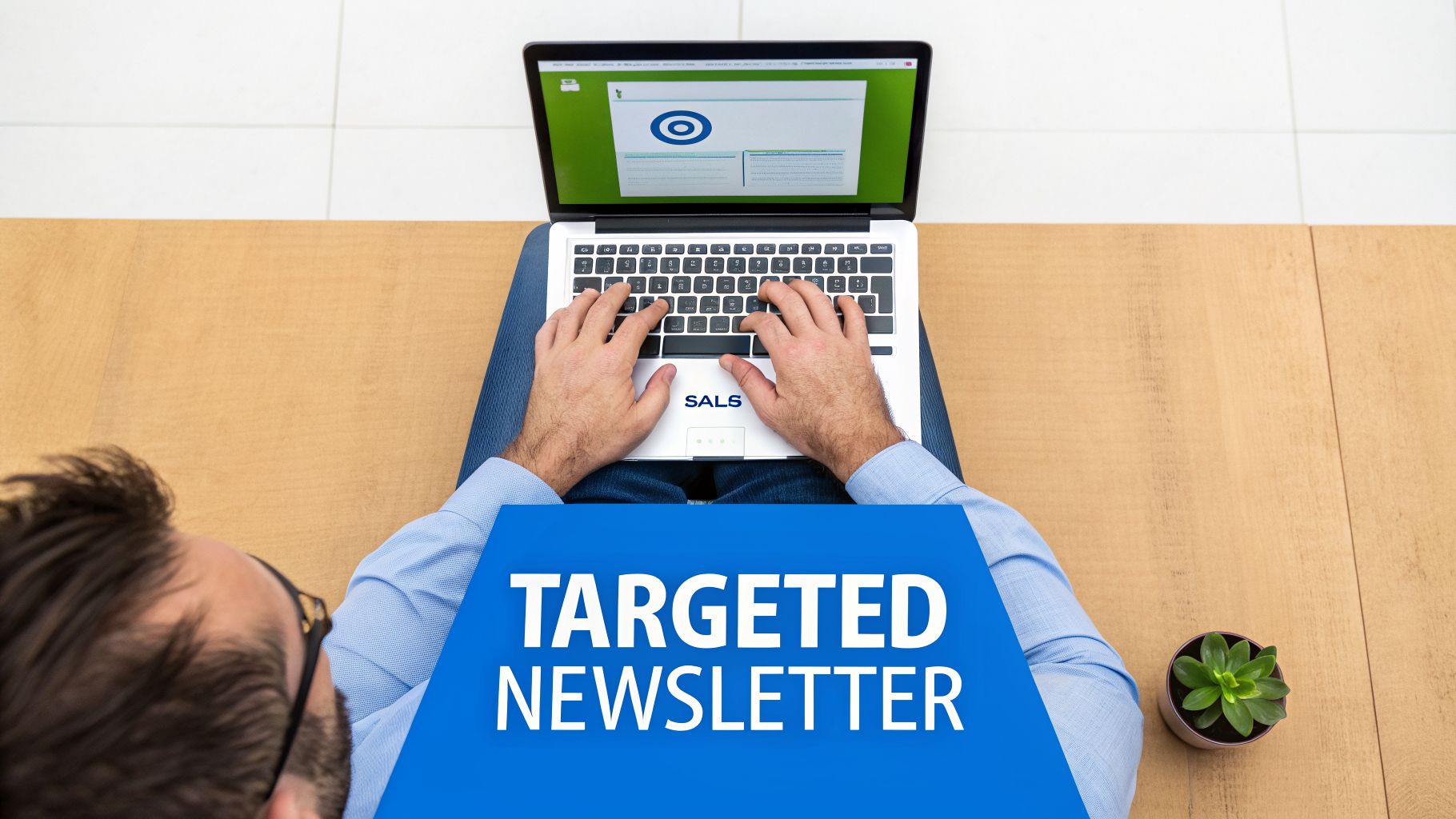 Overhead view of a person typing on a laptop, screen displays a target, with text 'TARGETED NEWSLETTER'.