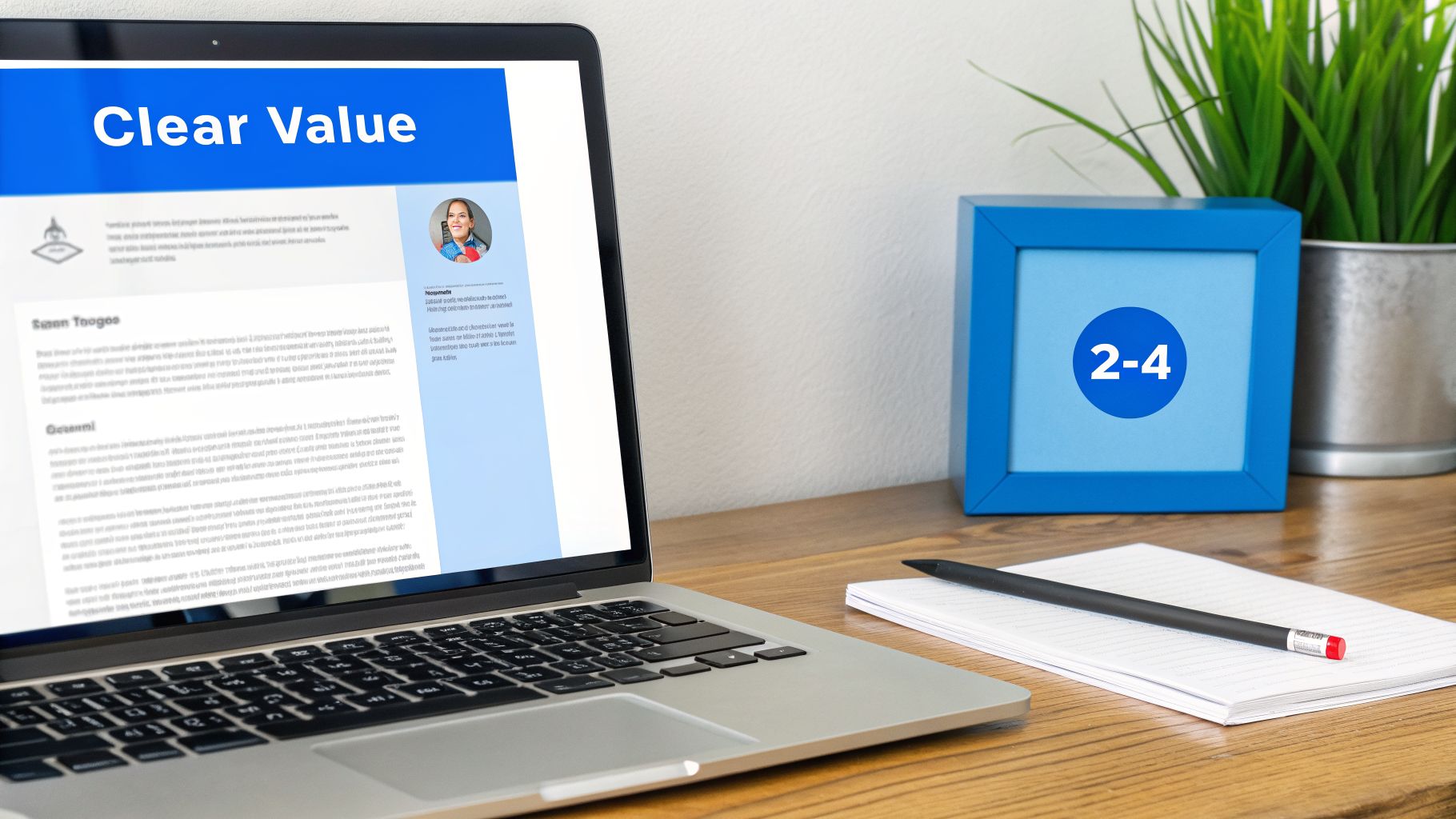 A modern workspace with a laptop showing a 'Clear Value' webpage, a blue '2-4' frame, notebook, and pencil on a wooden desk.