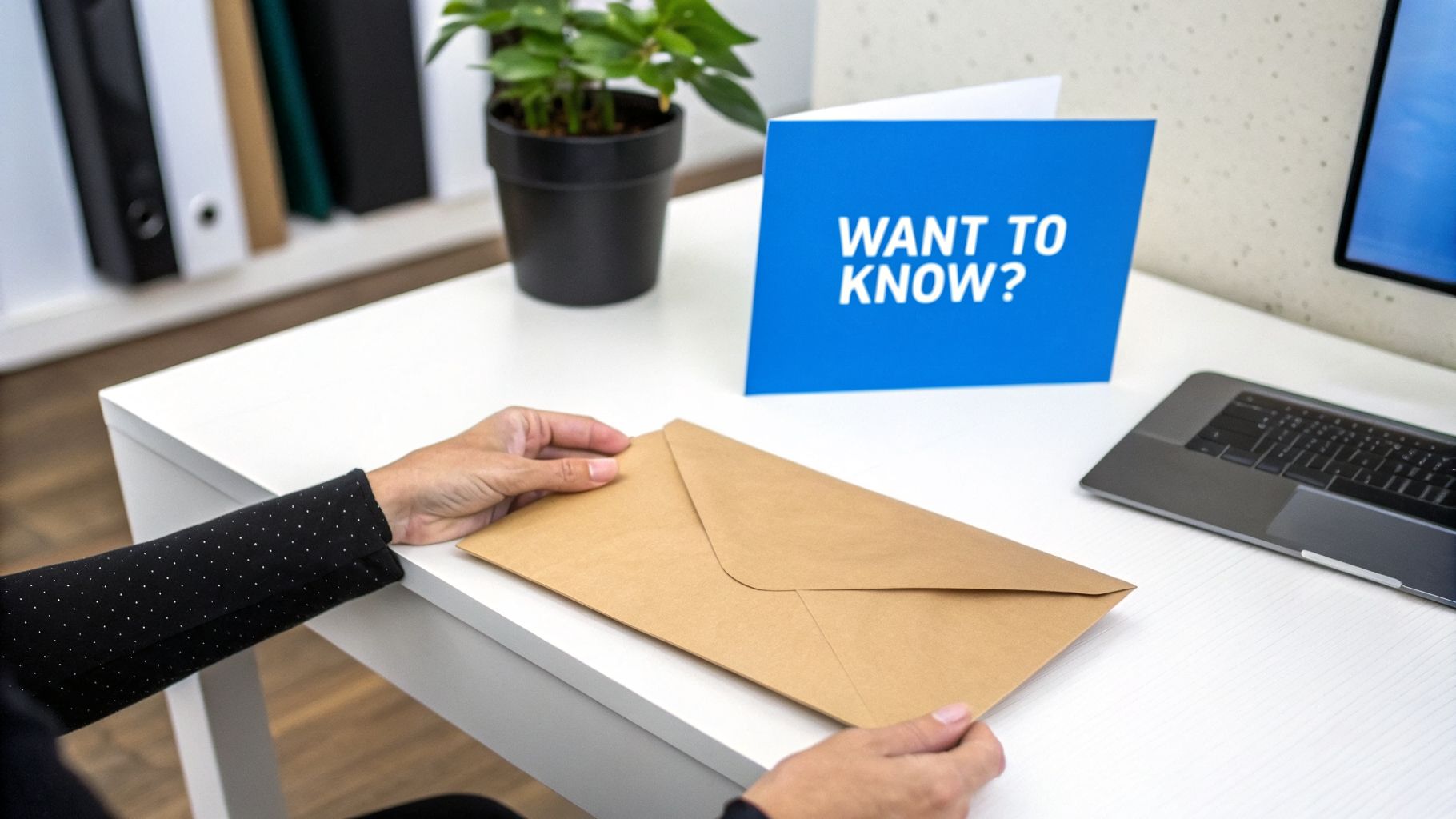 A person holds a brown envelope on a desk with a 'WANT TO KNOW?' card, plant, and laptop.