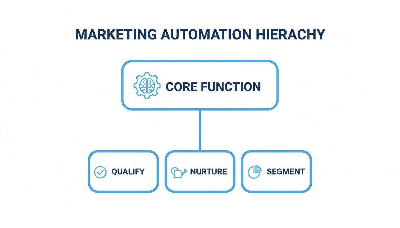 A diagram illustrating the Marketing Automation Hierarchy with Core Function leading to Qualify, Nurture, and Segment.