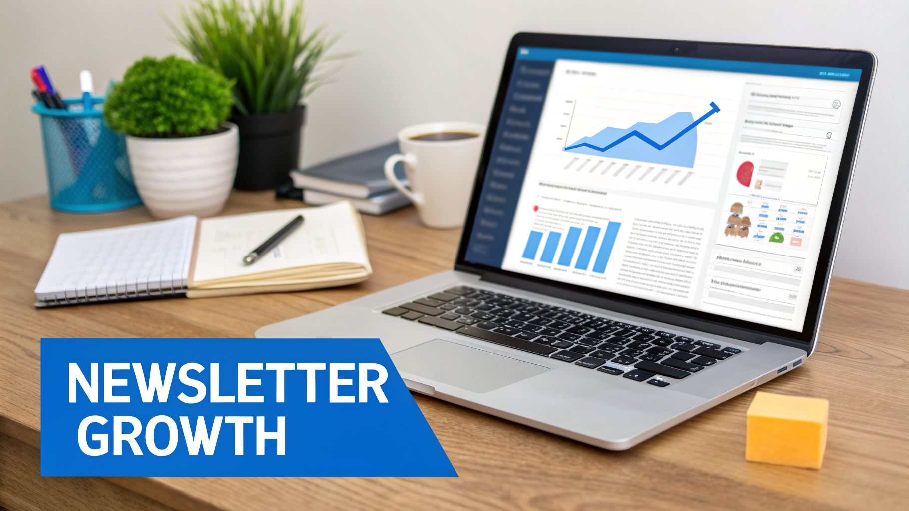 A laptop on a wooden desk displays newsletter growth analytics and charts, with office supplies.