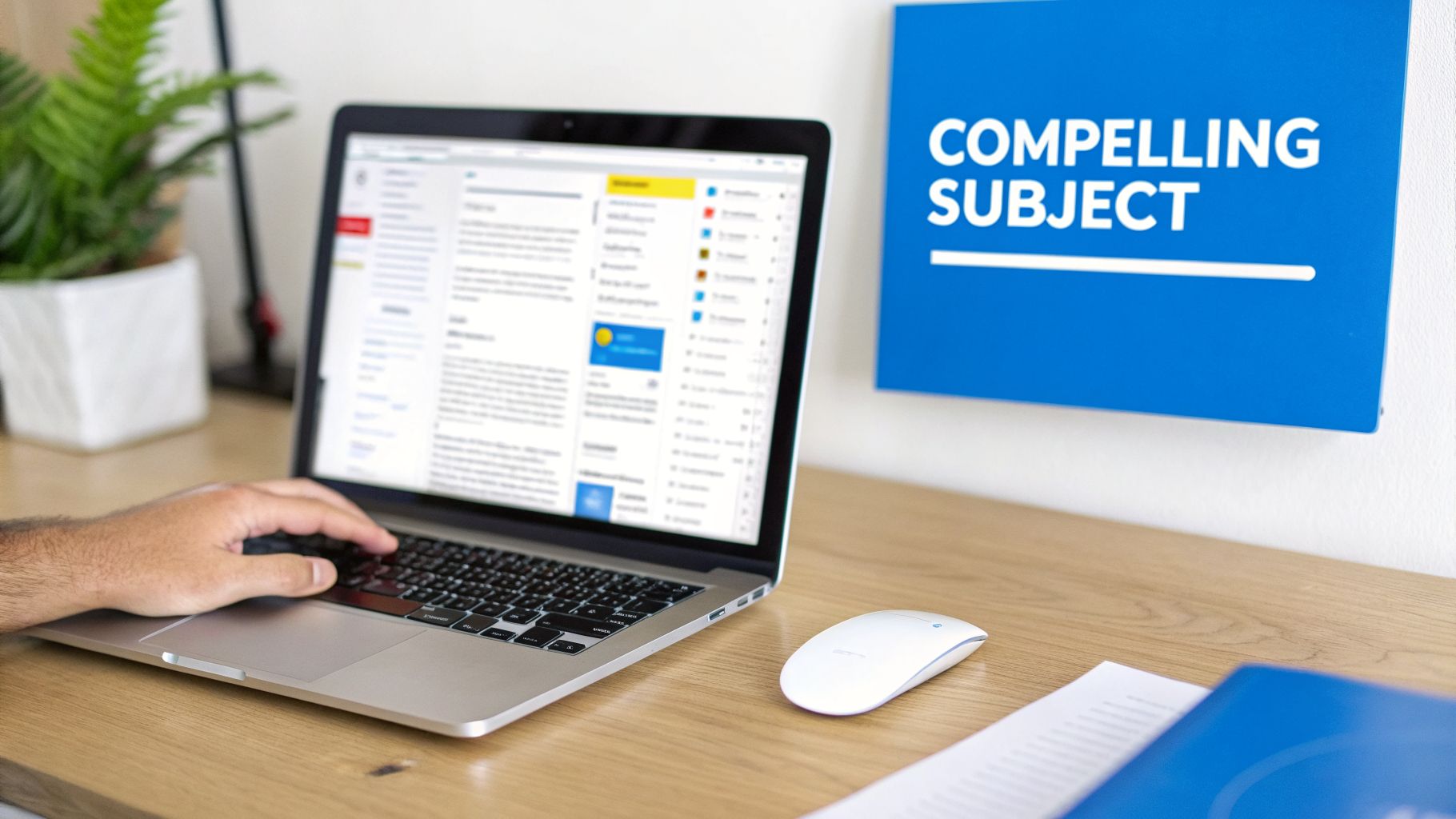 A person types on a laptop at a wooden desk with a 'Compelling Subject' sign.