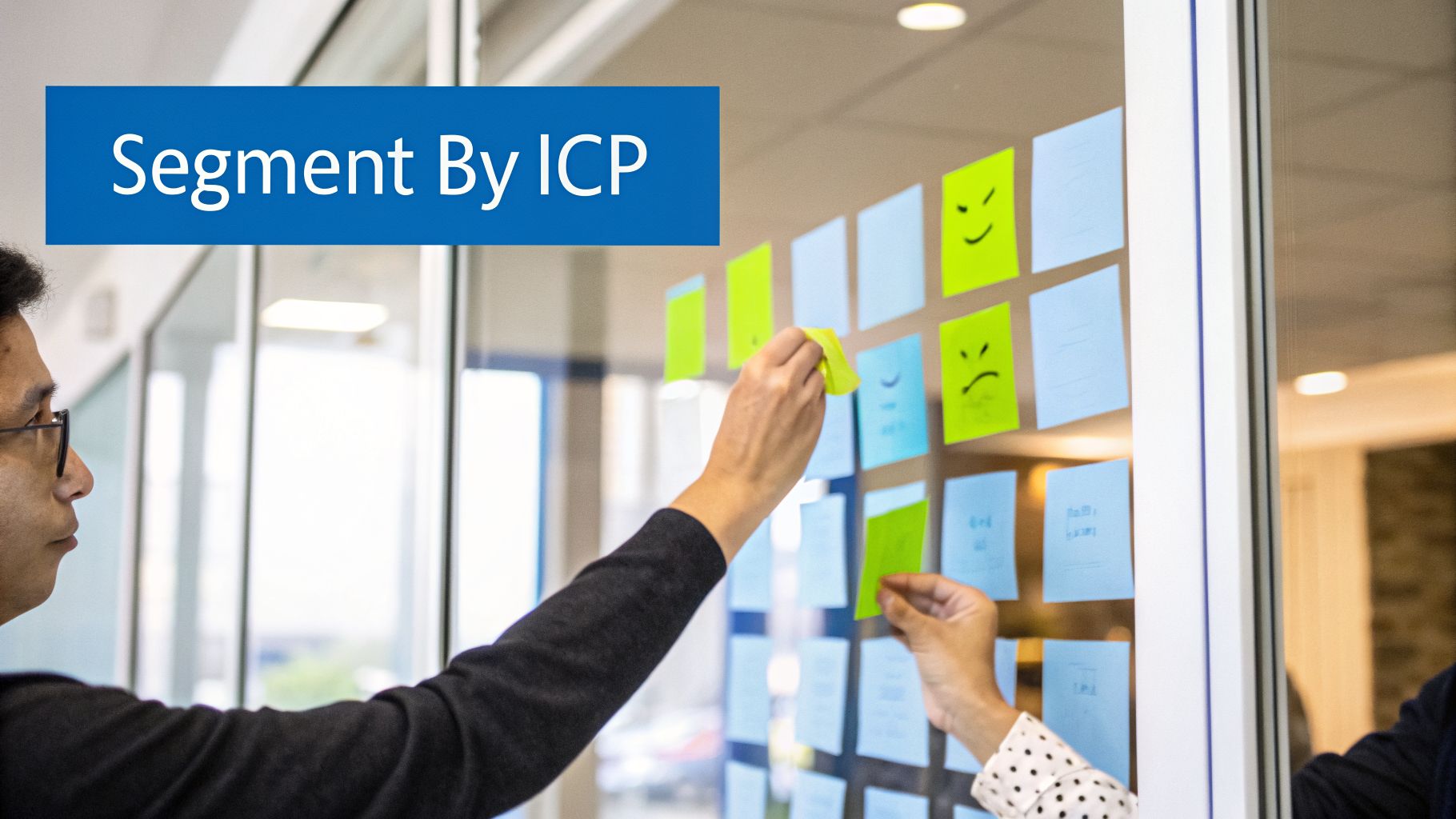 Business professionals collaborating on a glass wall with sticky notes, optimizing for Ideal Customer Profile.