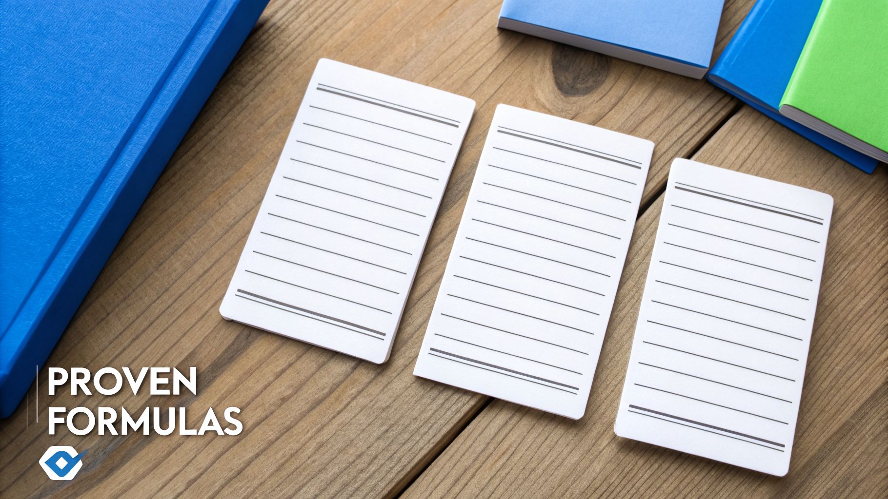 Three blank lined notecards lay on a rustic wooden table with blue and green books.