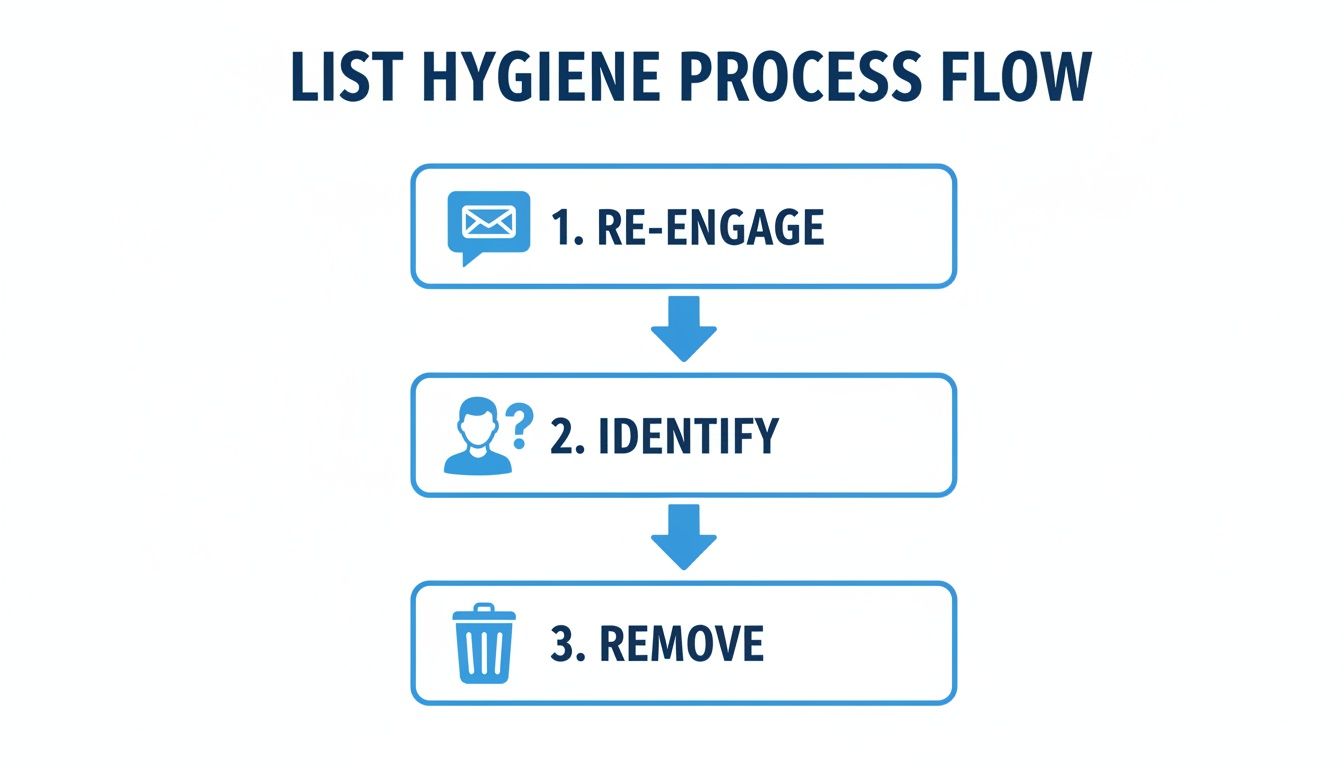 A flowchart illustrating the email distribution list hygiene process: re-engage, identify, and remove contacts.