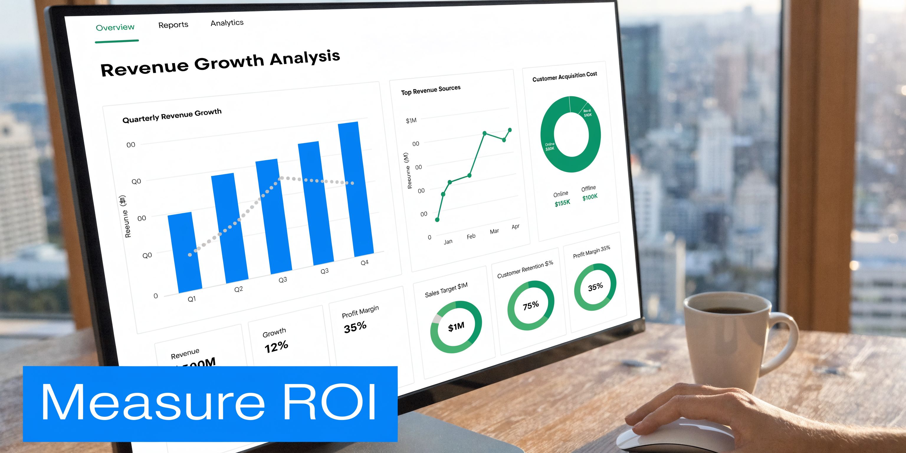 A professional analyzing revenue growth and ROI metrics on a computer screen in a bright office.