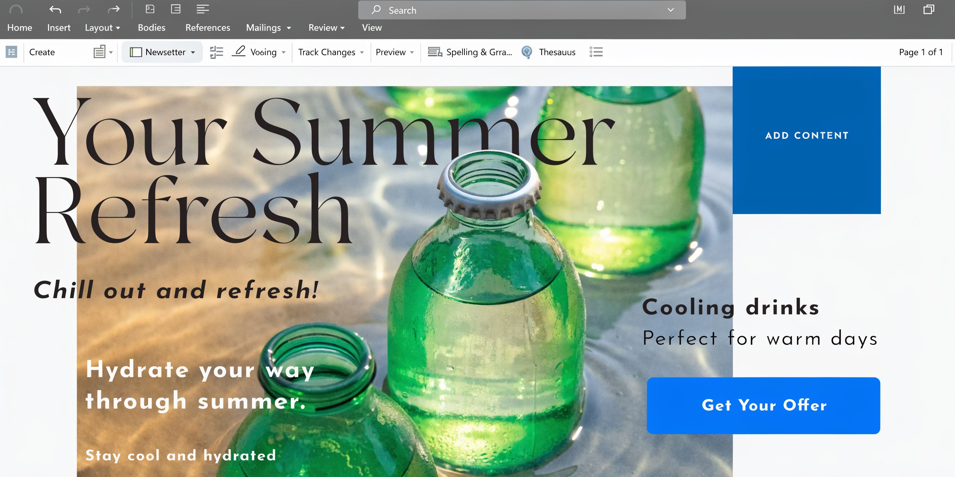 A newsletter template in Microsoft Word featuring a summer theme with green bottles and refreshment text.