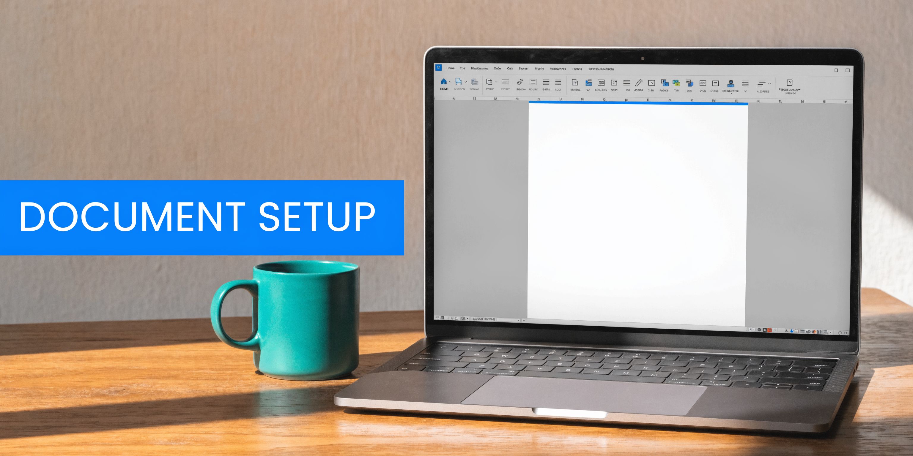 A modern workspace featuring a laptop displaying a blank document, accompanied by a teal coffee mug.
