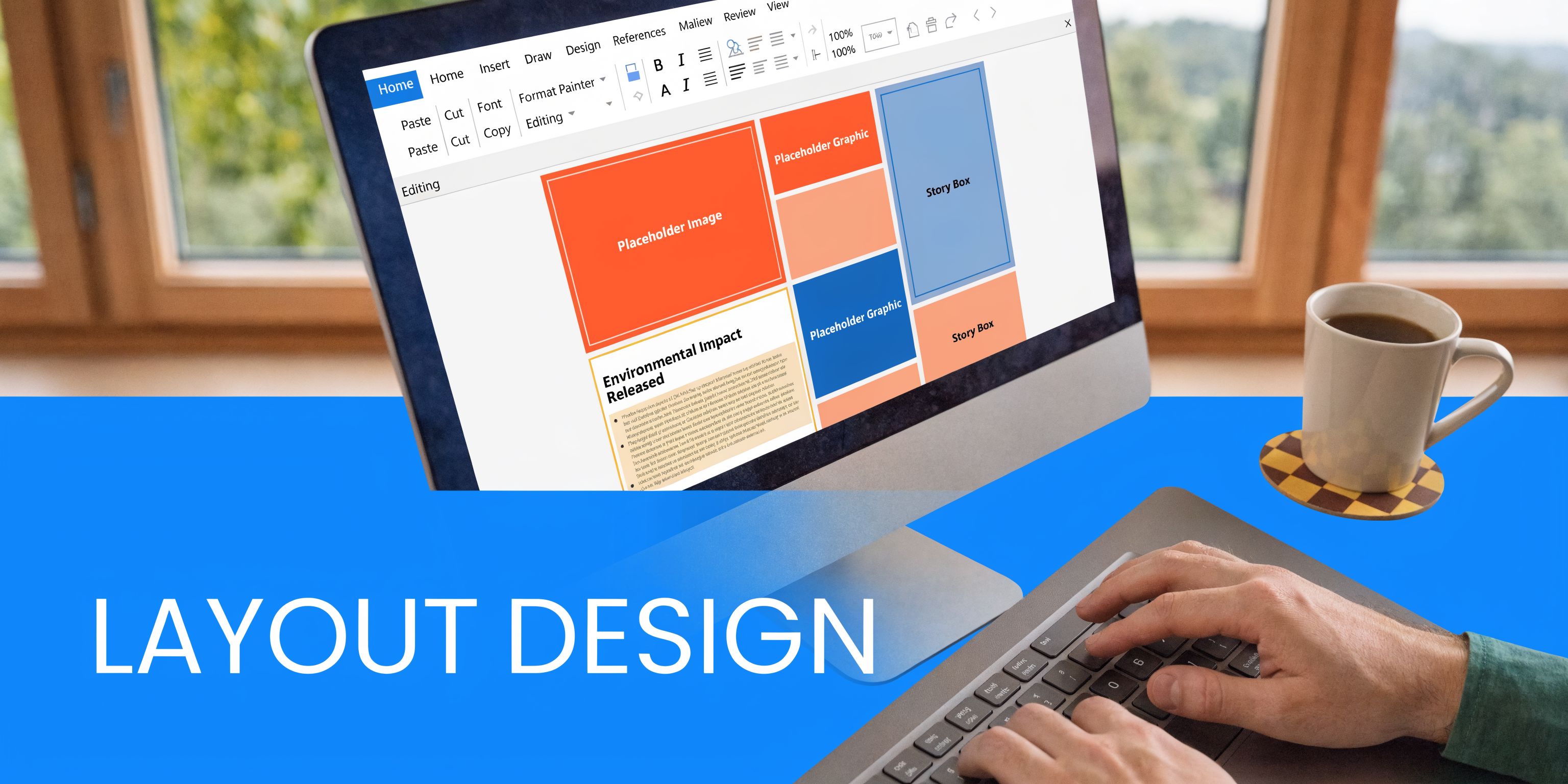 A person typing on a laptop keyboard displaying a newsletter layout design template in Microsoft Word software.