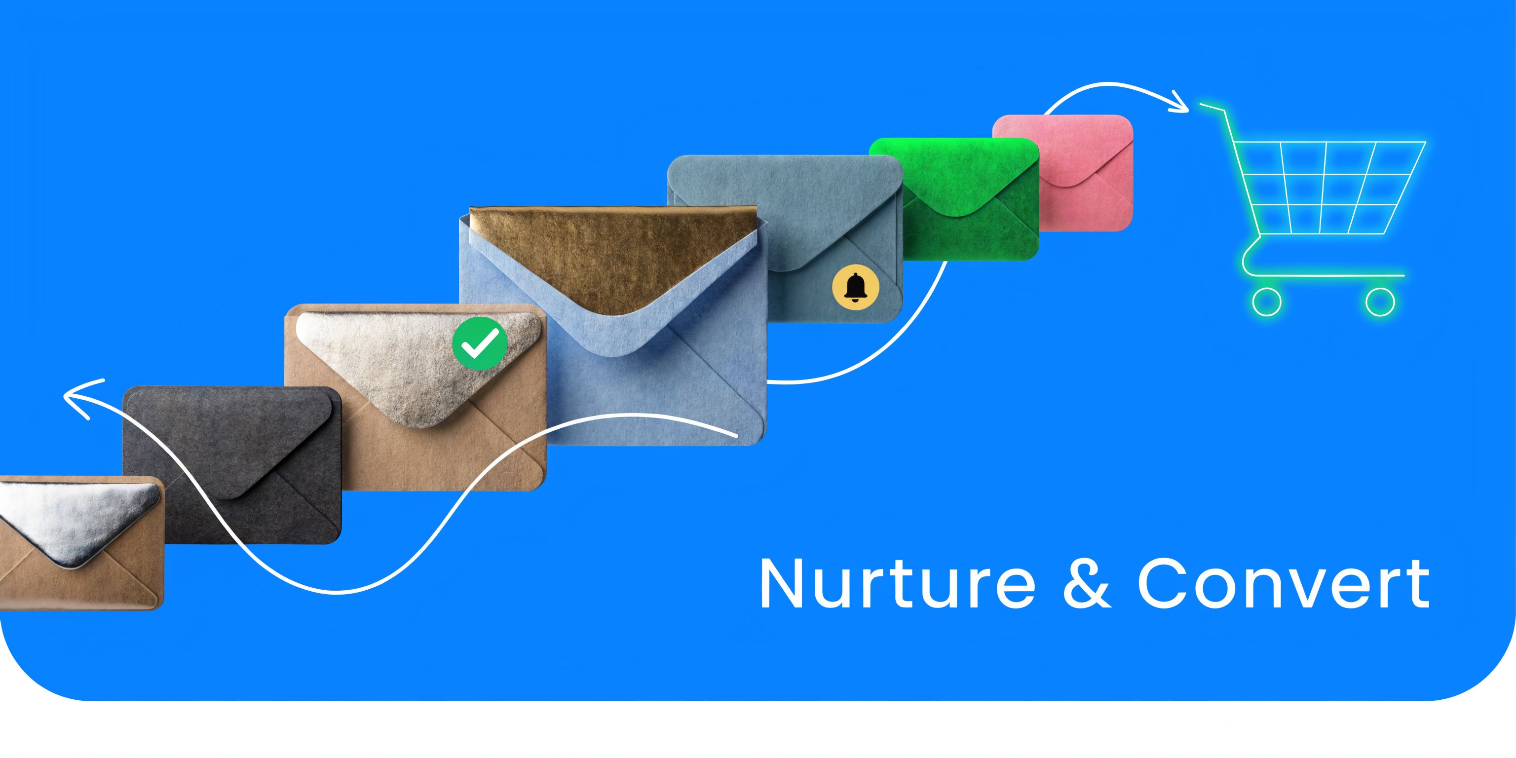 A series of colorful envelopes leading to a shopping cart icon representing an email marketing automation strategy.