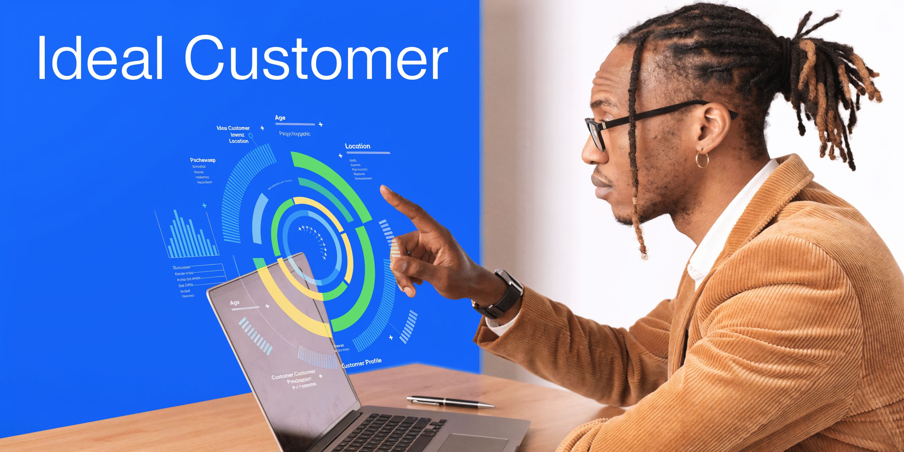 A professional man in a corduroy jacket pointing at digital data visualization on an Ideal Customer graphic.