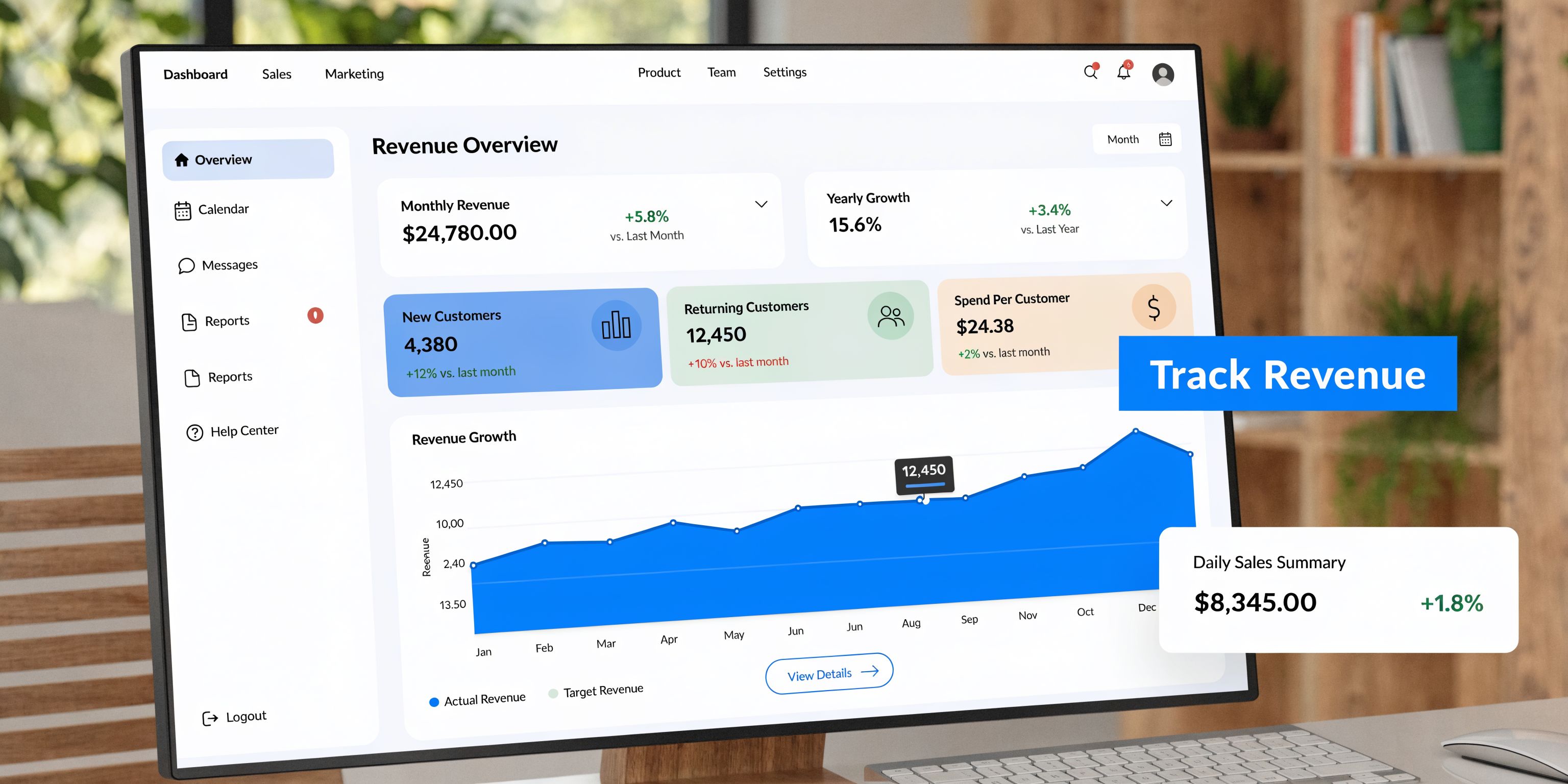 A modern computer screen displaying a digital business dashboard for tracking revenue growth and customer acquisition metrics.