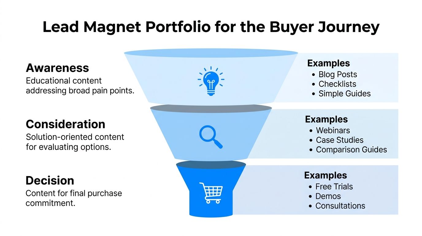 A marketing funnel diagram showing lead magnet types for awareness, consideration, and decision stages of a buyer.