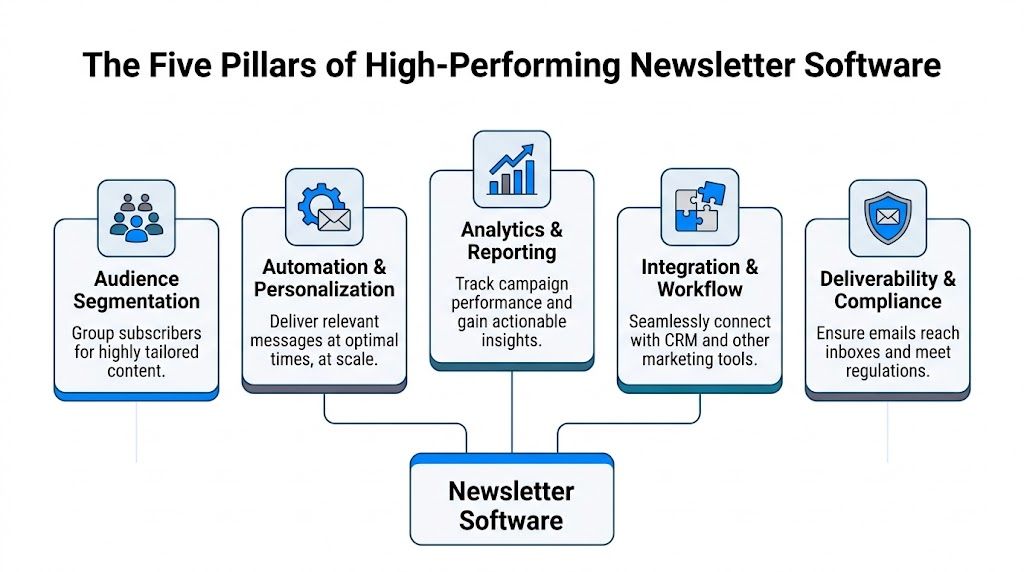 A diagram illustrating the five essential pillars for high-performing newsletter software: segmentation, automation, analytics, integration, and deliverability.