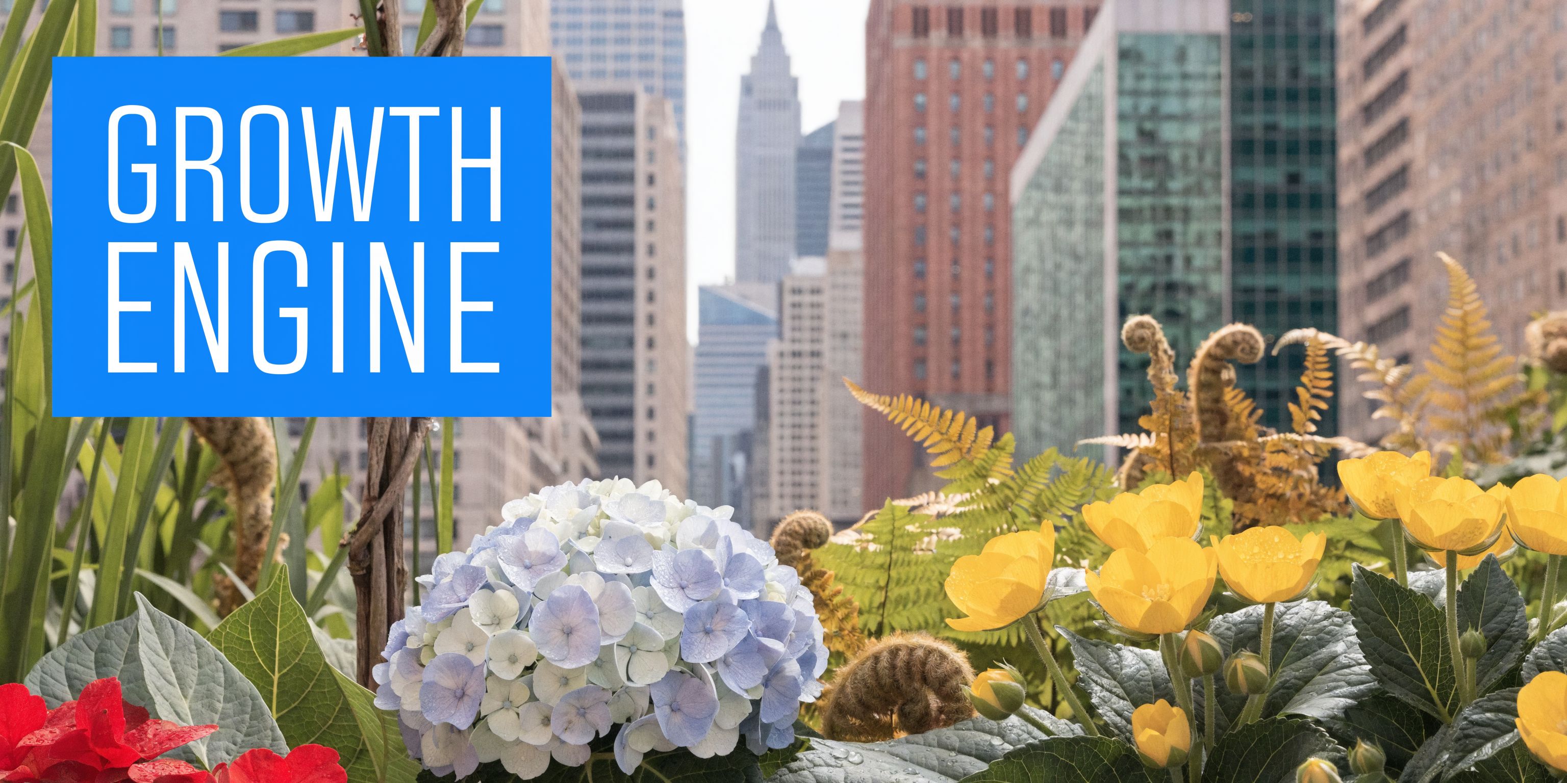 A bright blue square with white Growth Engine text overlaid on a cityscape with flowers and greenery.