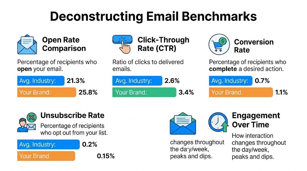 An infographic titled Deconstructing Email Benchmarks showing comparative email performance metrics including open, click, conversion, and unsubscribe rates.