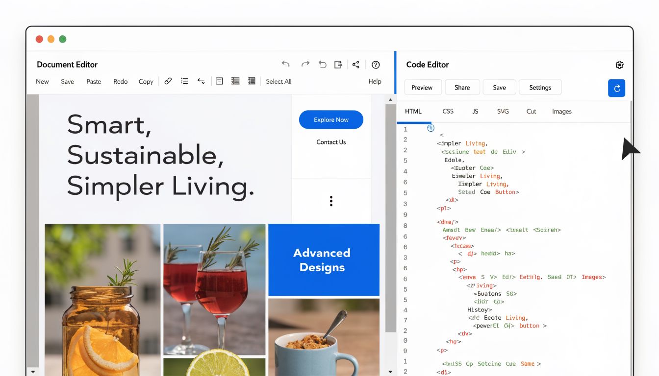 A split-screen view showing a drag-and-drop document editor alongside a live HTML code editing interface.