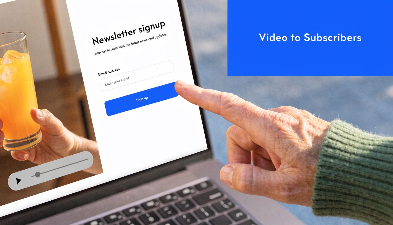 A close-up view of a person pointing at a newsletter sign-up form on a laptop screen.
