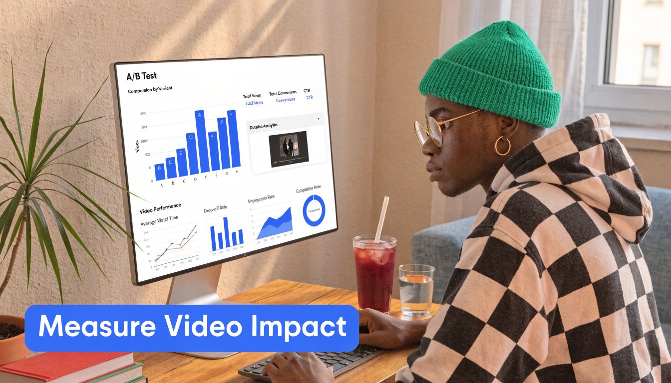 A creative professional analyzing video performance metrics and A/B test data on a computer screen.