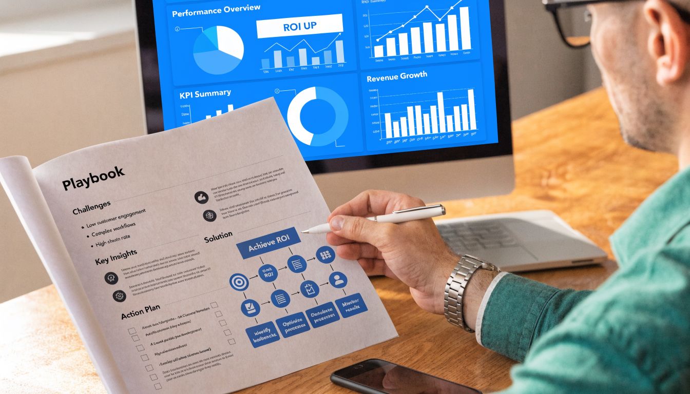 A professional analyzing a sales strategy playbook and digital performance dashboards on a computer screen at a desk.