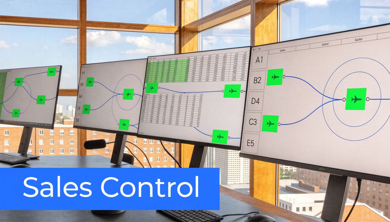 Multiple computer monitors displaying complex data visualization and flowcharts in a professional office sales control center.