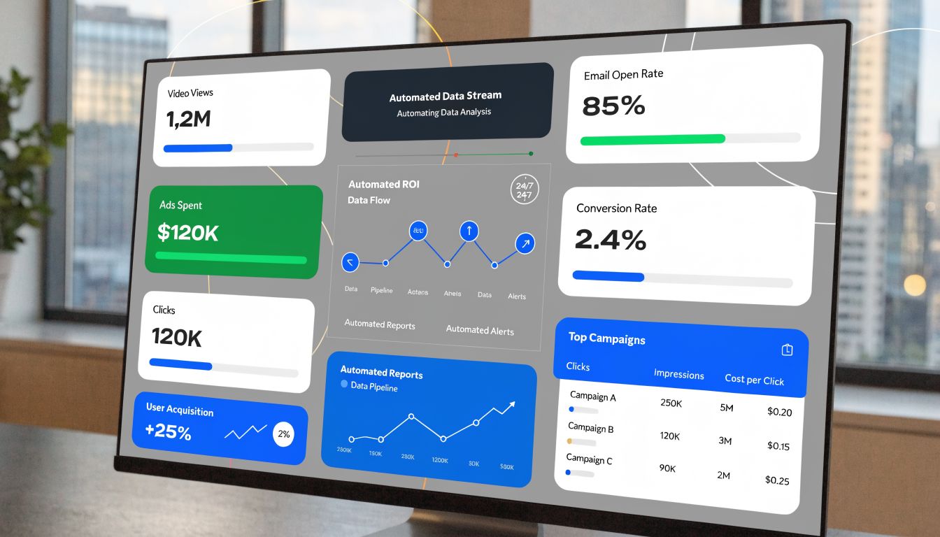 A modern computer screen displaying a digital marketing dashboard with various business performance metrics and data visualizations.