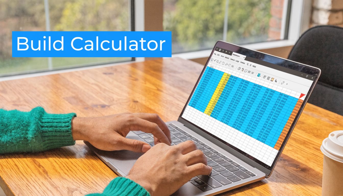A person using a laptop to view a digital build calculator on a wooden desk.