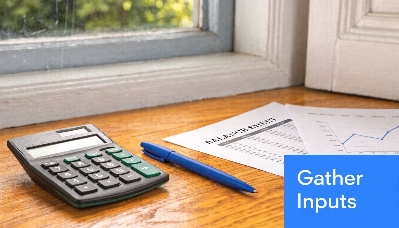 A black calculator and a blue pen sit on a table with a balance sheet document.