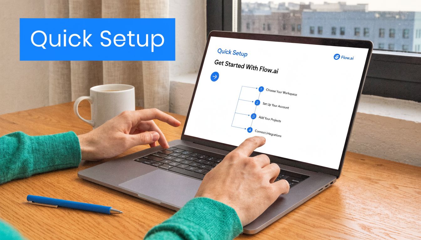 A person using a laptop to complete the Quick Setup process for the Flow.ai software platform.