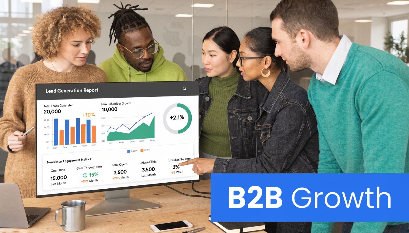A diverse team of professionals analyzing digital marketing lead generation and growth analytics on a computer monitor.