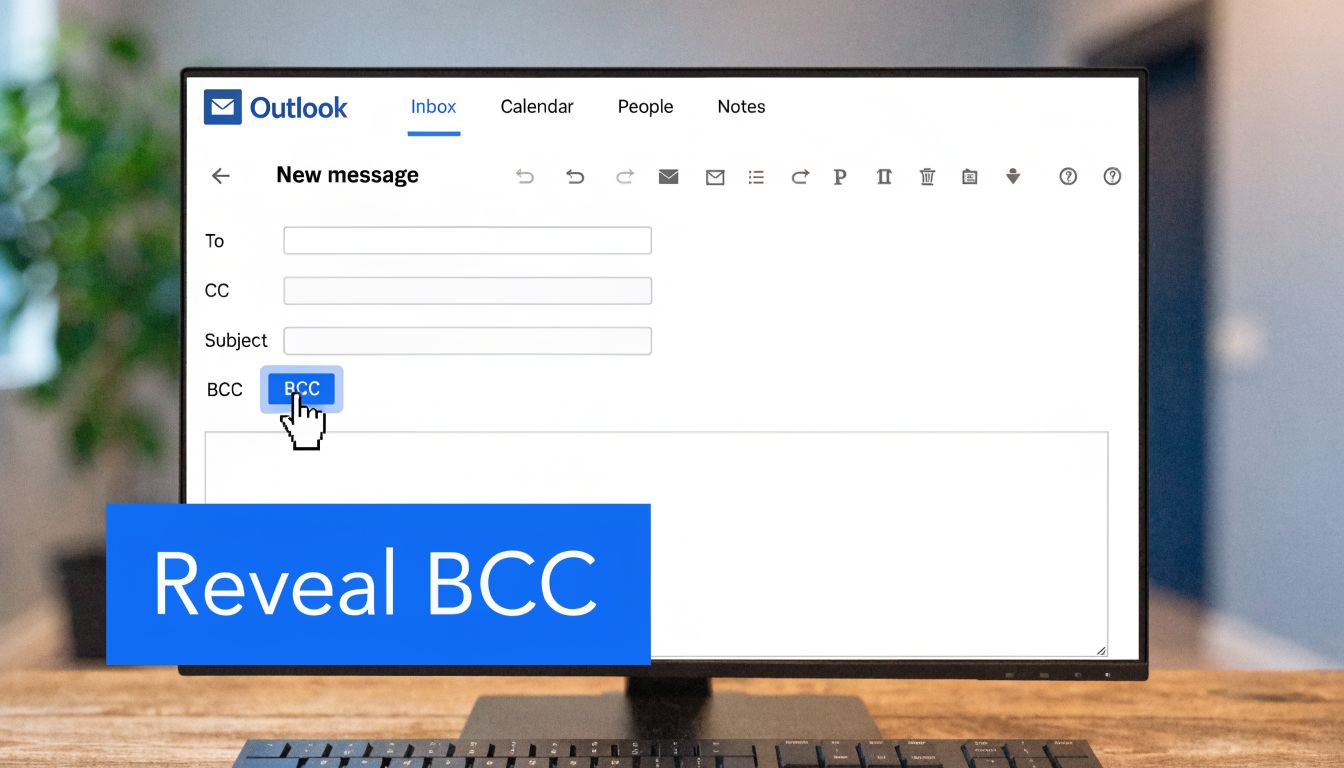 A hand cursor clicks the BCC button in the Outlook email compose window to reveal hidden fields.