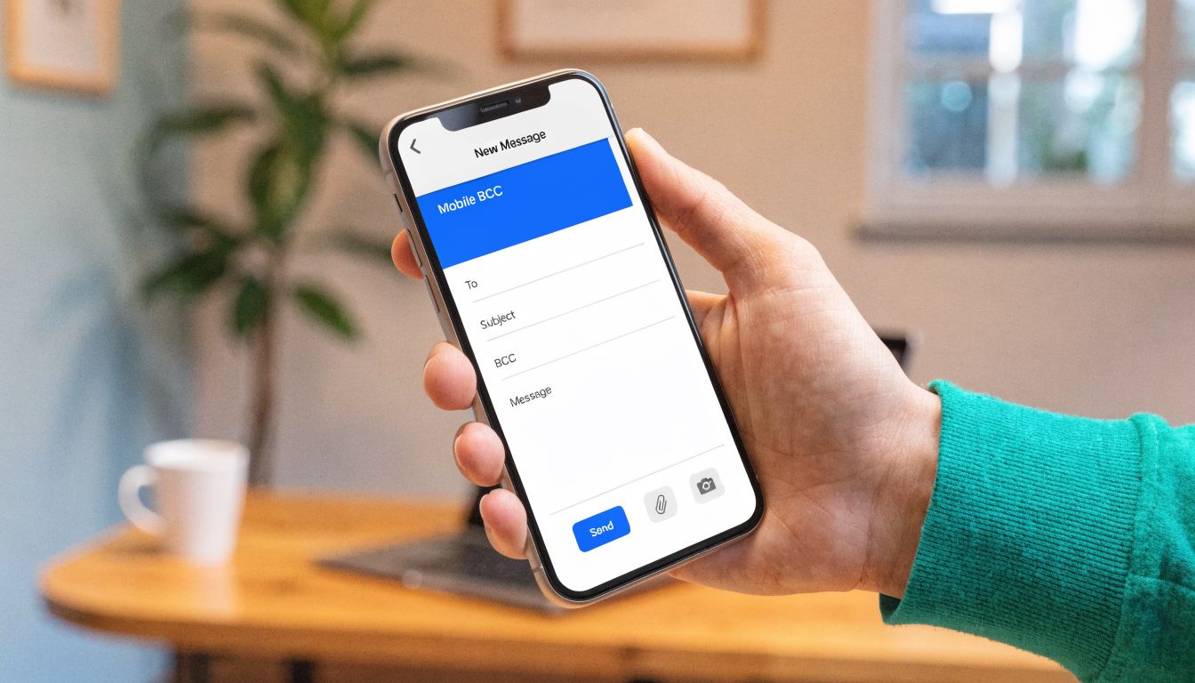 A person holding a smartphone displaying an email app screen with a BCC field highlighted.