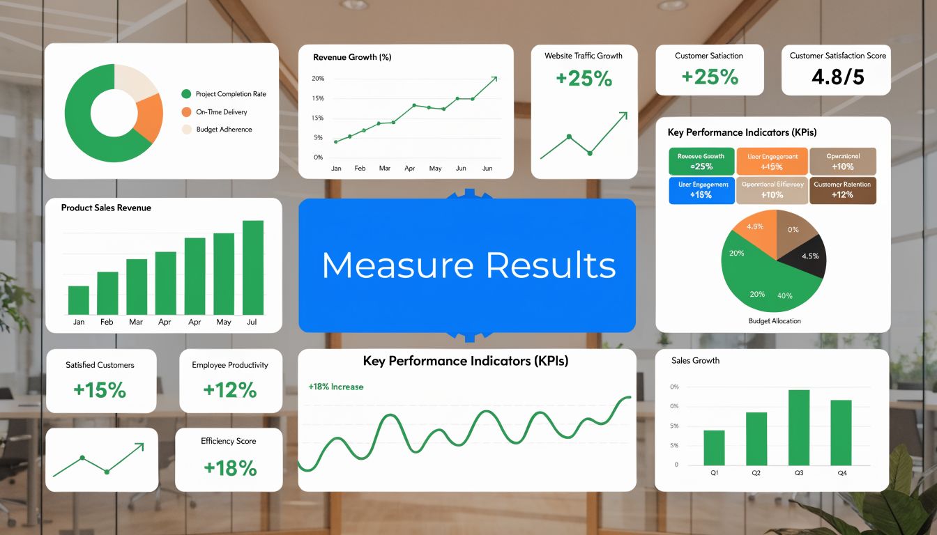 A professional digital dashboard displaying various business metrics, charts, and key performance indicators in a modern office.